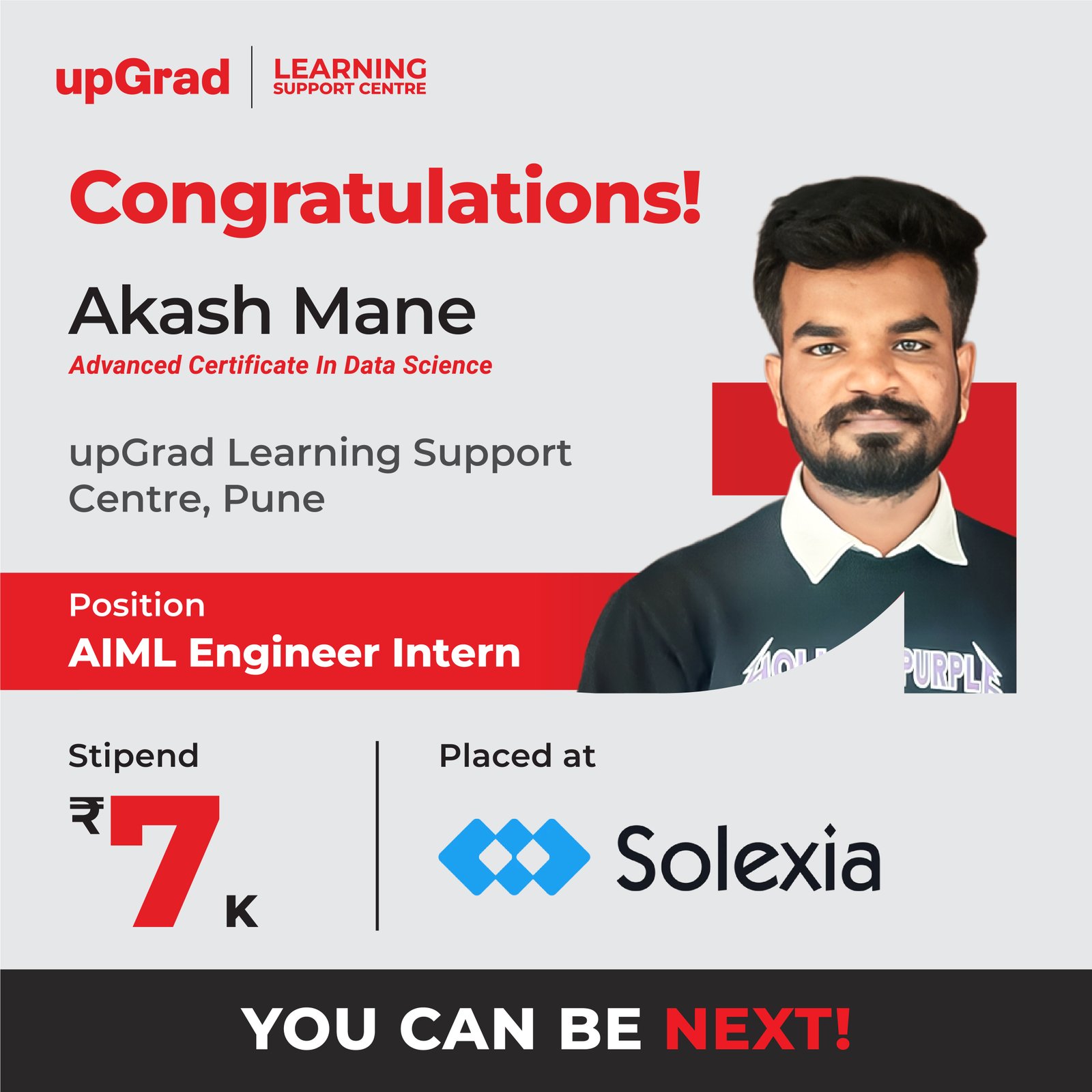 Akash Mane was placed at Solexia as an AIML Engineer Intern with a stipend of 7K.